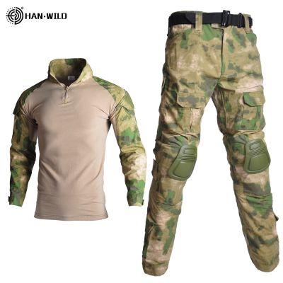 HAN เสื้อทหารป่าชุดทหารยุทธวิธีชุดทหารเสื้อต่อสู้ผู้ชายเสื้อผ้าการพรางตัวหลายจุดกางเกงตกปลาทำลายสีเขียว