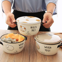 Cute Cat Pattern Ceramic Instant Noodle Bowl Fruit Salad Bowl with Lid Soup Bowl Anti-scalding Ramen Bowl Kitchen Tableware