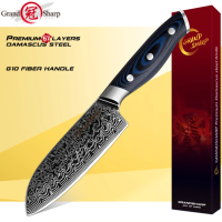 ?พร้อมส่ง?GrandSharp Damascus Knife มีดเชฟ Santoku 5 นิ้วมีดทำครัวมีดดามัสกัสญี่ปุ่น AUS-10 มีดโกนเหล็กคมมีดตัดเนื้อ G10 จัดการ