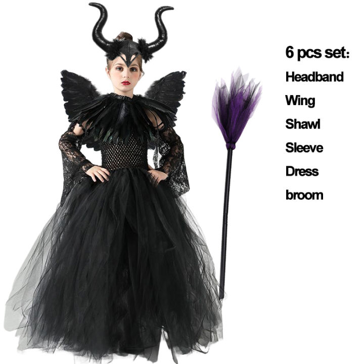 ฮาโลวีนเครื่องแต่งกาย-maleficent-tutu-ชุดสำหรับสาวคอสเพลย์-evil-queen-ตาข่ายสีดำชุดเจ้าหญิงเด็ก-crow-wand-maleficent