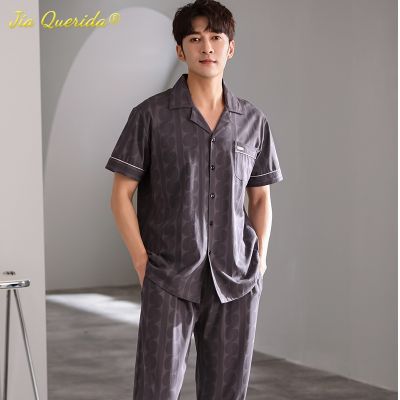 SUKAE Trendy Elegant Sleepwear for Man Summer Autumn Cotton V-neck Pajamas Set for Men Checkboard Pritning Mens Clothing Pijama