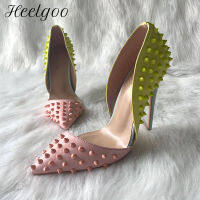 Heelgoo สีเขียวสีชมพู Matte Patchwork ผู้หญิงเซ็กซี่ด้านข้างตัด DOrsay Pointy Toe รองเท้าส้นสูง Spikes เซ็กซี่ Studs Stiletto ปั๊ม