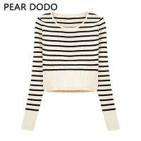 PEAR DODO เสื้อแขนยาวมือหนึ่งลายสั้นสำหรับผู้หญิงคอกลมถักเกาหลี