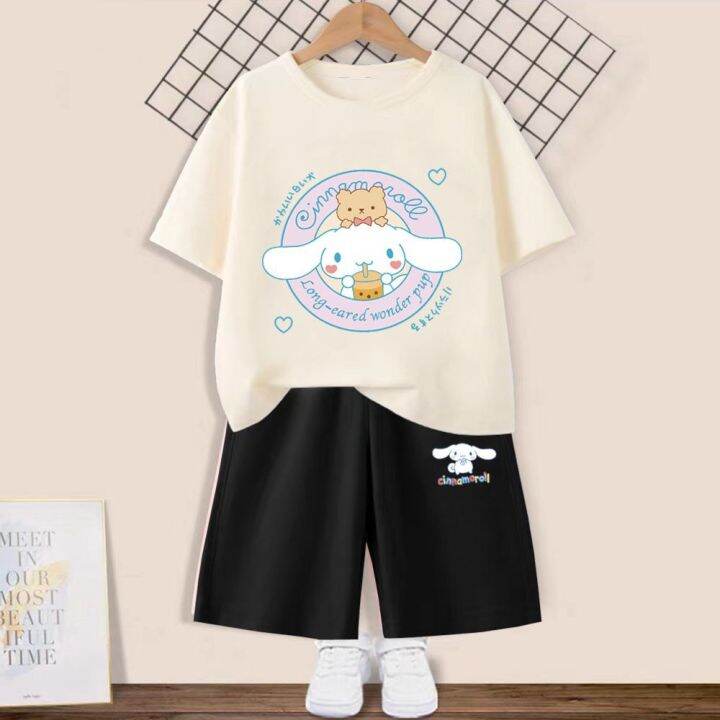 kuromi-cinnamoroll-เสื้อยืดเด็กกางเกงขาสั้น2ชิ้น-เซ็ตน่ารัก-sanrio-anrio-อนิเมะเสื้อผ้าลำลองเด็กผู้หญิงเด็กผู้ชายของขวัญกีฬา