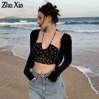 Zhu Xia เสื้อแบบสั้นอกมีสายรัดเล็กแขวนลายดอกไม้แยกส่วนไว้ข้างใต้เสื้อกล้าม