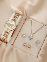 5PCS Set Luxury Watch Women Ring Necklace Earrings Rhinestone Fashion Wristwatch Female Casual Ladies Watches Bracelet Set Clock