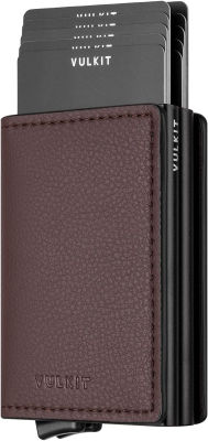 VULKIT Pop Up Wallet Automatic Leather Slim Credit Card Holder RFID Blocking Metal Double Card Case for Men and Women Dark Brown Leather Dark Brown