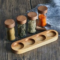 Round Glass Seasoning Spice Jar 3oz Acacia Wood Lid Kitchen Tools Storage Bottles 4-piece with Wood Racks Sets