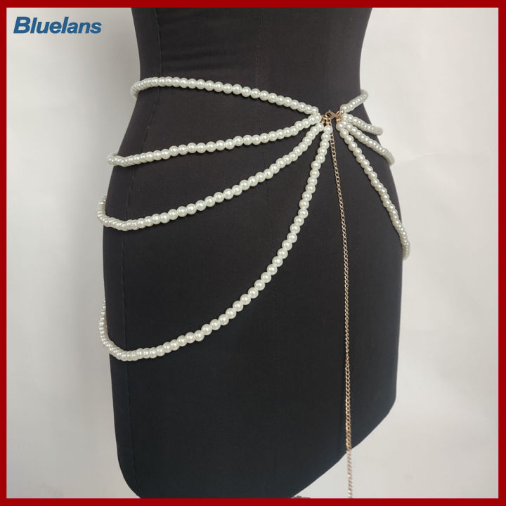 bluelans-กระโปรงสำหรับชุดผ้าคาดเอวที่หรูหราเอวหลายชั้นของผู้หญิงพร้อมของตกแต่งไข่มุกปลอมโซ่คาดเอว
