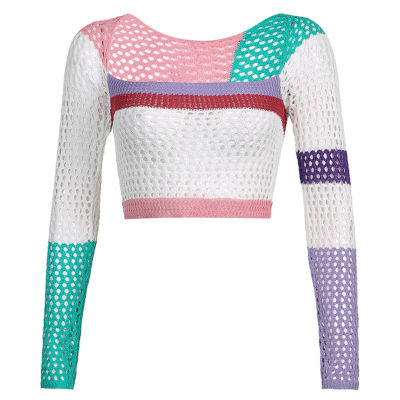 Women Sexy Square Neck Crochet Knit Crop Top Rainbow Patchwork Hollow Out T-Shirt Woven Slim Beach Long Sleeve Sweater Streetwea