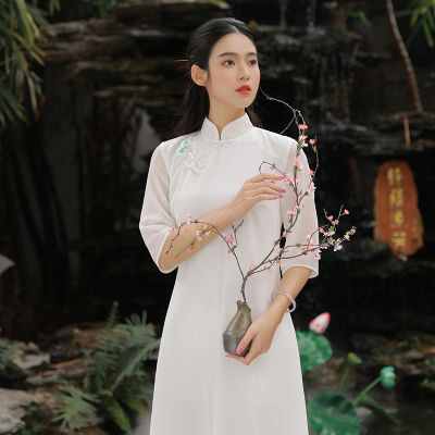 Qing Shuzhai ปักยืนคอ Aodai ชุดสตรีแขนเจ็ดในสี่รุ่นที่ดีขึ้นของ Cheongsam เซนชุดชา