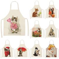 Cute Cat Kitchen Sleeveless Aprons For Women Cotton Linen Bibs Household Cleaning Pinafore Home Cooking Apron 55x68cm Aprons