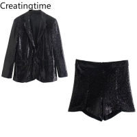 Creatingtime 2022 Spring New Fashion Trend Women Notched Single Breasted Sequin Decorated Blazer And Mini Shorts Two Piece GA266