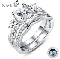 Butterflykiss 18K ชุบ2.5ct แหวนตัด Moissanite สำหรับผู้หญิง3หินประกาย925แต่งงานเครื่องประดับเงิน GRA