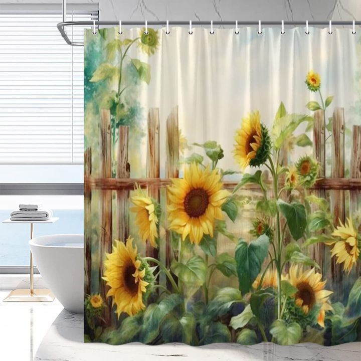 Sunflower Shower Curtain, Yellow Sunflower on Rustic Wooden Bath