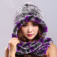 Thick autumn winter warm real rabbit fur scarf and hat Women with a hood rex rabbit fur scarf fur hat pashimina