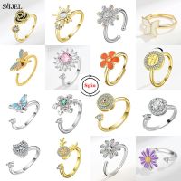 SMJEL Fidget Spinner Ring Anxiety for Women Multiple Crystal Flower Eye Butterfly Animal Ring Rotate Anti Stress Wedding Jewerly