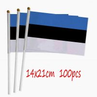 ZXZ Estonia hand Flag 100pcs 14*21cm Polyester Double Side Printing Estonia EE Hand waving Flag with plastic flagpole