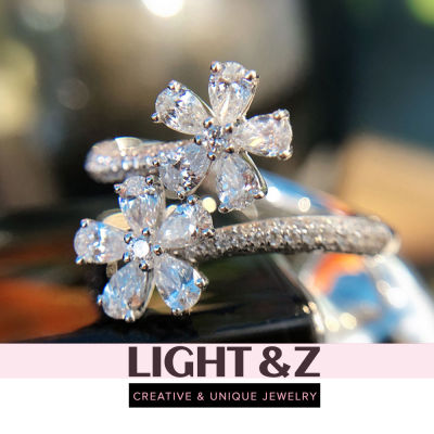 LIGHT & Z แหวนผู้หญิงสไตล์ฝรั่งเศสดอกไม้เพทายเครื่องประดับอารมณ์มีชื่อเสียง