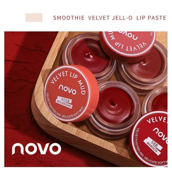 novo5461-novo-velvet-lip-mud-smoo-mist-velvet-jelly-lip-mud-โนโว-ลิปครีมเนื้อนุ่ม-ใช้ทาได้ทั้งแก้ม-ตา-และริมฝีปากได้