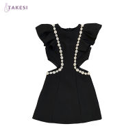 y Black Dress For Women Designed O-Neck Sleeveless High Waist Ruffle Hollow Out Patchwork Diamond Mini Prom Dress Female New