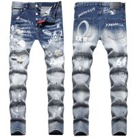 Europe And The United States And Italy Fashion Big Brand Pad Patch Random Line Embroidery Hole Digital Printing Stretch Small Straight Jeans