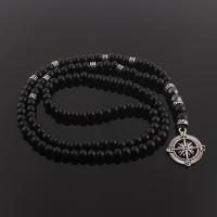 6mm Classic Vintage Black Long Natural Stone Round Beaded Necklace for Men with Compass Pendant Jewelry Gift