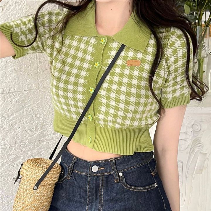 y2k knitted shirt for women girls Korean style summer Short sleeve