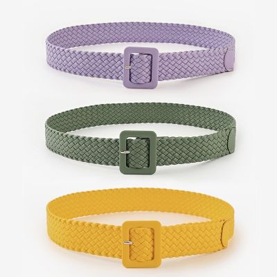 New Style PU Braided Belt Ladies Decoration Alloy Square Buckle Solid Color Wide 3.8cm