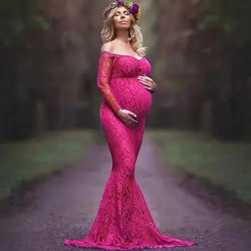 Lace Pink Mermaid Maternity Photoshoot Dress Baby Shower Gown