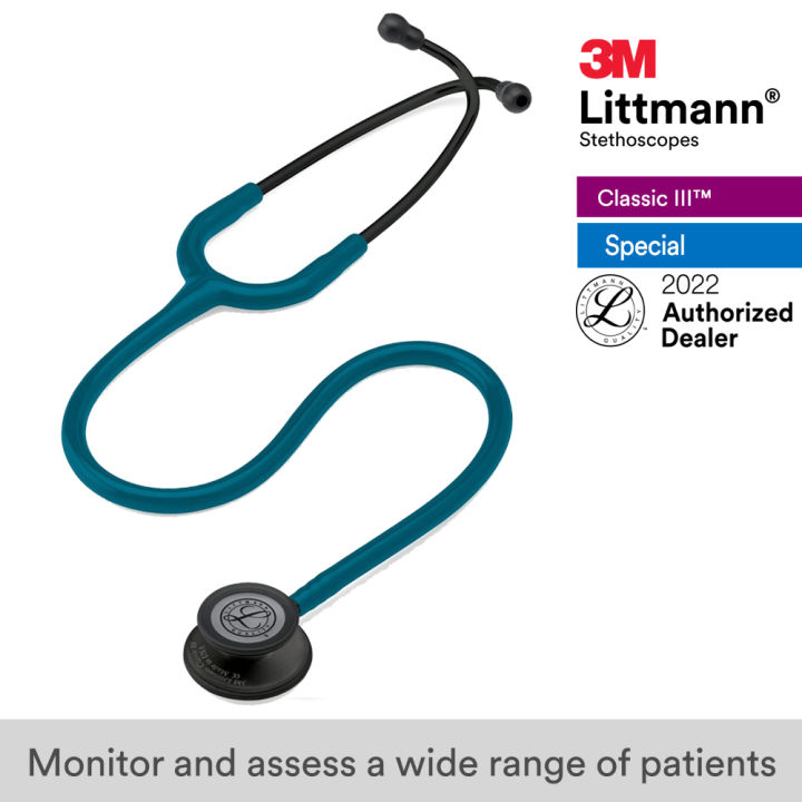 3m-littmann-classic-iii-stethoscope-27-inch-5869-caribbean-blue-tube-black-finish-chestpiece-stainless-stem-amp-eartubes