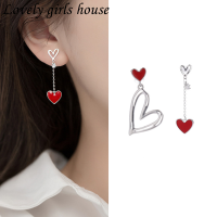 【♡Lovely girls house♡】แฟชั่นไม่สมมาตรสีแดงหัวใจรักต่างหูสตั๊ดสำหรับผู้หญิงอินเทรนด์หวานสาววางต่างหูพรรคอุปกรณ์เครื่องประดับ