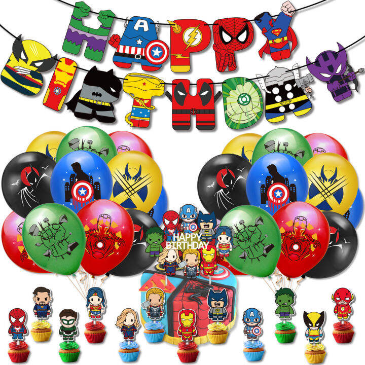 spider-man-superhero-league-party-ตกแต่งเด็กวันเกิดดึงธงเค้กใส่การ์ดบอลลูนชุด-arrangement-holiday-gift