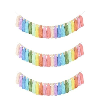3Pcs Boho Rainbow Tassel Garlands Tassel Banners with Wood Beads for Bedroom Baby Nursery Room Wall Decoration