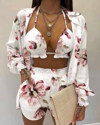 2022 Fashion New Womens Sexy Summer Solid Color Printing 3-piece Casual Beach Shorts Suit Women &amp; Female