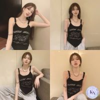 ?Korea NEW เสื้อสายเดี่ยวไหมพรมร่อง สีดำชายแหลม แต่งลวดลายรีดเพชร