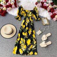 ZZOOI FMFSSOM Summer Spring Lemon Printed Sweety Vintage Puff Sleeve Women Female A-line High Waist Black Midi Dress