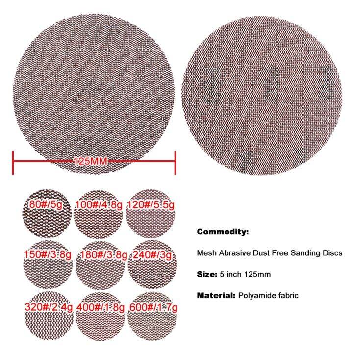 18pcs-5-inch-125mm-mesh-abrasive-dust-free-sanding-discs-sandpaper-anti-blocking-dry-grinding-80-to-600-grit-removal-and-finish