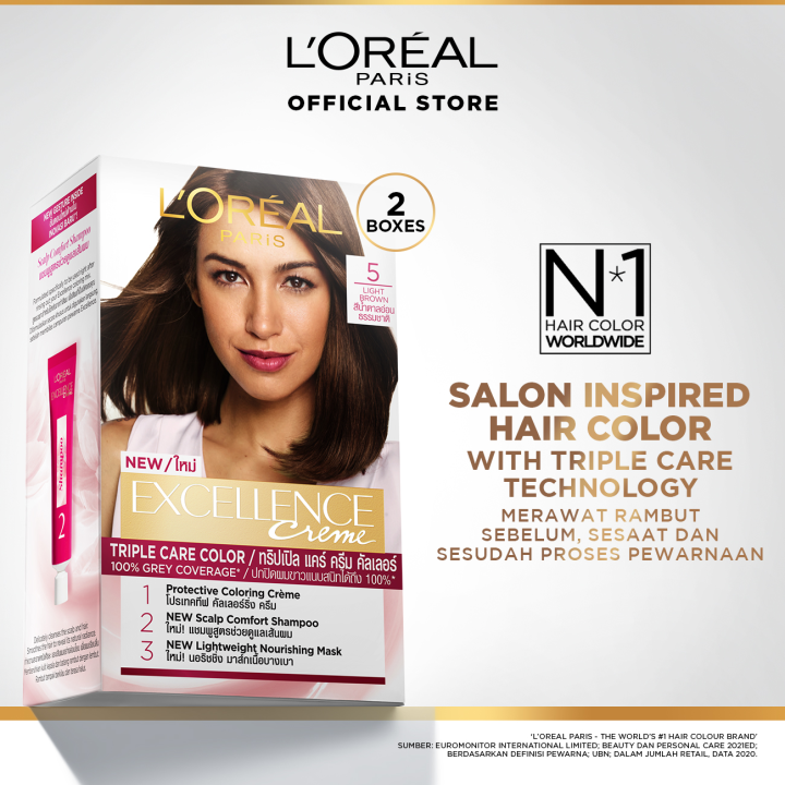 Paket Hemat Isi 2 Loreal Paris Excellence Creme Triple Care Hair Color 5 Light Brown Cat 3544