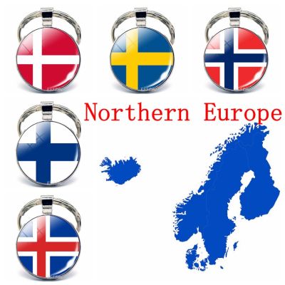 Northern Europe: Denmark Sweden Finland Norway Iceland Flag Key Chain Glass Jewelry Keychain Pendant Patriot National Day Gifts Key Chains