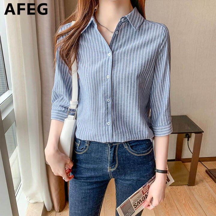 Women's new Korean shirt collar is fashionable and loose, with striped ...