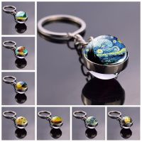 Van Gogh Oil Painting Starry Night Glass Ball Key Chain Key Rings Van Gogh Sunflowers Irises Almond Jewelry Art Keychain Keyfob Drawing Painting Suppl