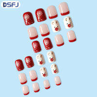 DSFJ 24ชิ้นติดเล็บยาวนานปลอมสำหรับคริสต์มาสวัสดุที่ปลอดภัยเล็บพร้อมกาวติดสำหรับการจับคู่ชุดกระโปรงใส่นอกบ้าน