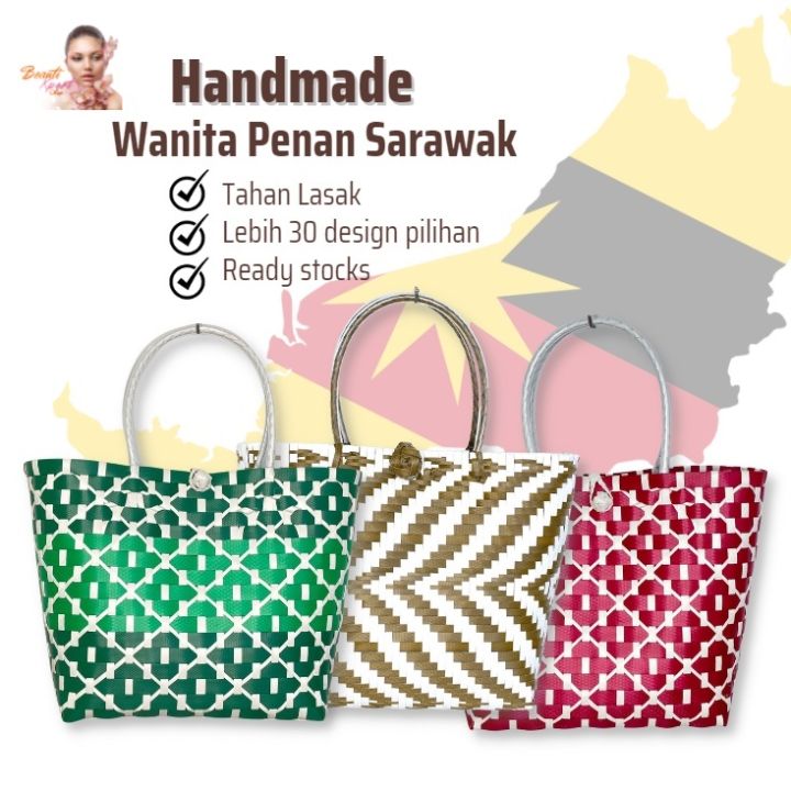 Beg Anyaman Sarawak Flower Design Tote Bag Women Pvc Bakul