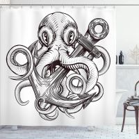 Ambesonne Anchor Shower Curtain Monochrome Octopus Tattoo Art Style Naval Sketch Mystical Kraken Beast Design Cloth Fabric Bathroom Decor Set with Hooks 70 Inches White Brown