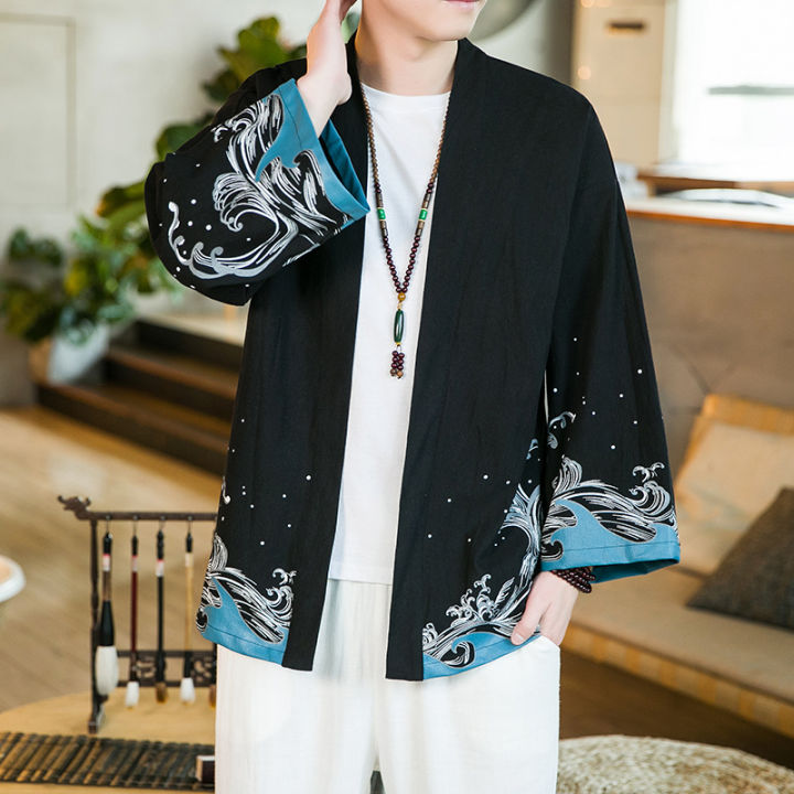 เสื้อพิมพ์ลายเสื้อผ้าซามูไรแบบดั้งเดิมของผู้ชายผ้าฝ้ายลินินแบบลำลองเสื้อคาร์ดิแกน-kimono-ญี่ปุ่น5xl-4xl