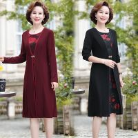 ▫✔☫ Mother autumn wear new dress 2022 middle-aged and old womens temperament in the fall and winter of straight printed over-the-knee dresses