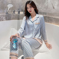 Ice Silk Pajamas Womens Spring and Autumn Long-sleeved Two-piece Thin Silk Home Service Silk y Large Size Womens Pajamas