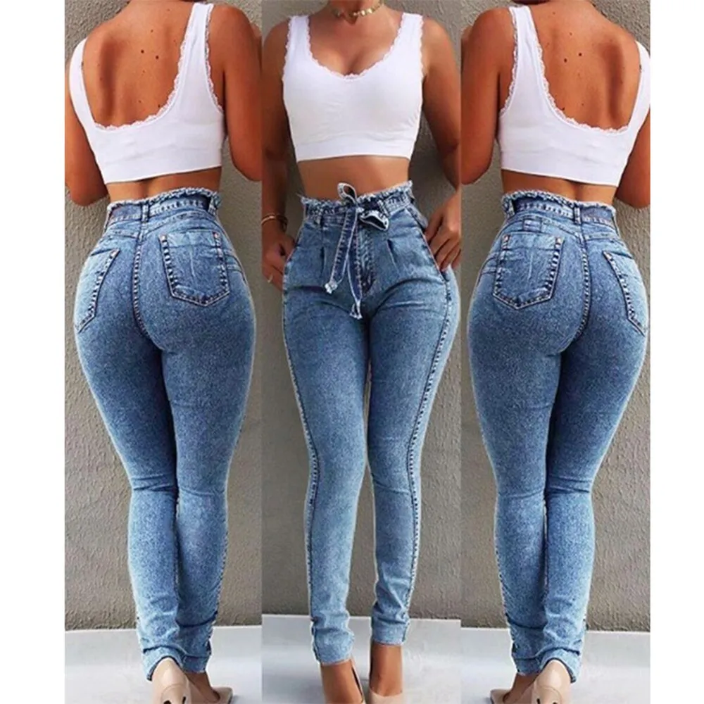 Quần Jean Cạp Cao Nữ Cho Nữ Y2k Ôm Sát Bằng Vải Denim Co Giãn Ôm Sát Thắt  Lưng Tua Rua Băng Bó Nâng Quần Jeans Cạp Cao Nữ Ropa Mujer |