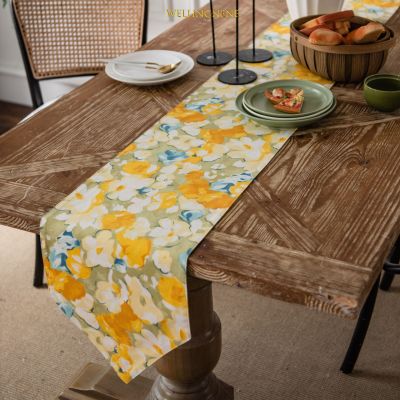 ผ้าปูโต๊ะยาวแบบเรียบง่ายลายดอกไม้สีเหลืองผ้าคลุมโต๊ะผ้าปูธงตารางโต๊ะสำหรับใส่ทีวี